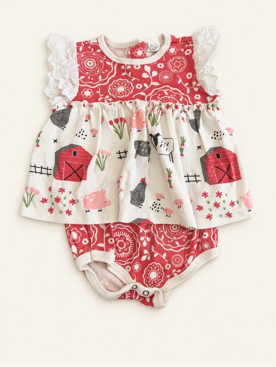 Tesa Babe Other - Baby Girls' Red & Cream Farm Print Dress Bodysuit